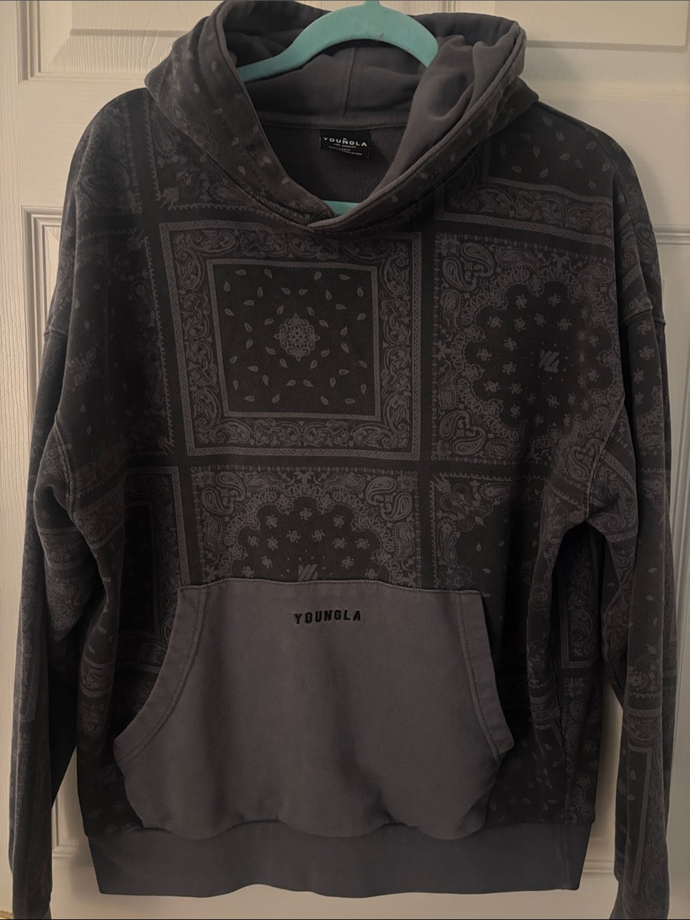 YoungLA Charcoal and Black Bandana Print Hoodie Large